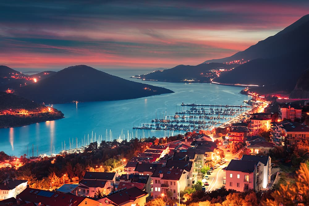 A widescreen aeriel photograph of Turkey at night with lights engulfing the roadways.