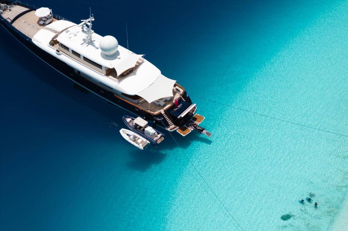 Aerial view of a superyacht on the shores of an atoll in the Maldives with clear blue waters