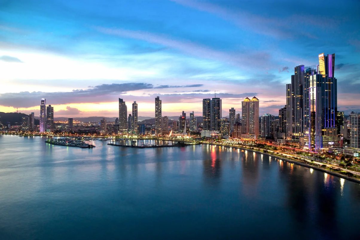 Panama City skyline and waterfront at sunset