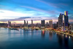 Panama City skyline and waterfront at sunset